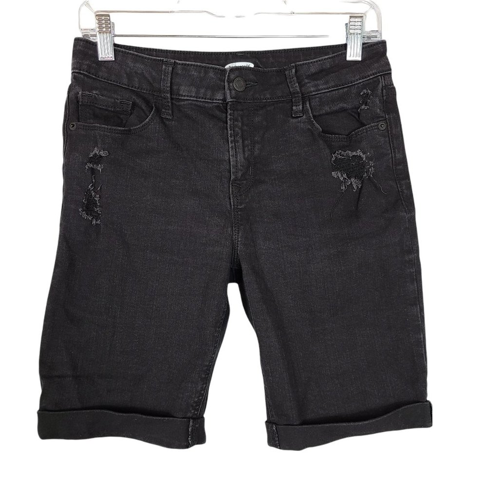 Old Navy Women's Denim Bermuda Shorts Sz 6 Distressed Stretch Cuffed Black